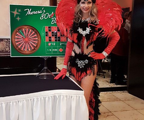 Casino Show Girl Costumed Performer Entertainer Model Greeter Feathers Backpiece Black and Red Costume New York