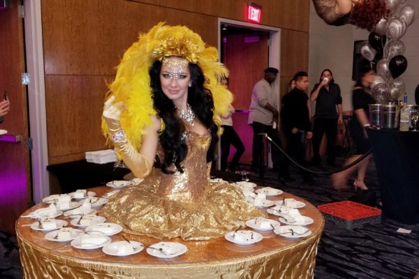 Gold Beautiful Strolling Table Girl Champaign Aerilist Performer Pouring Drinks From Air Birthday Party Private Event New York